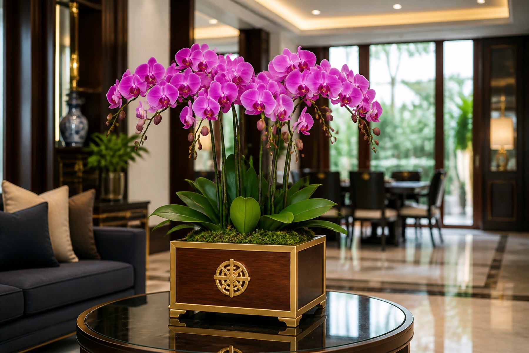 chậu lan hồ điệp để bàn gỗ tự nhiên