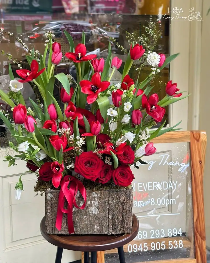 Lẵng hoa tulip đỏ gardening - Crimson Elegance