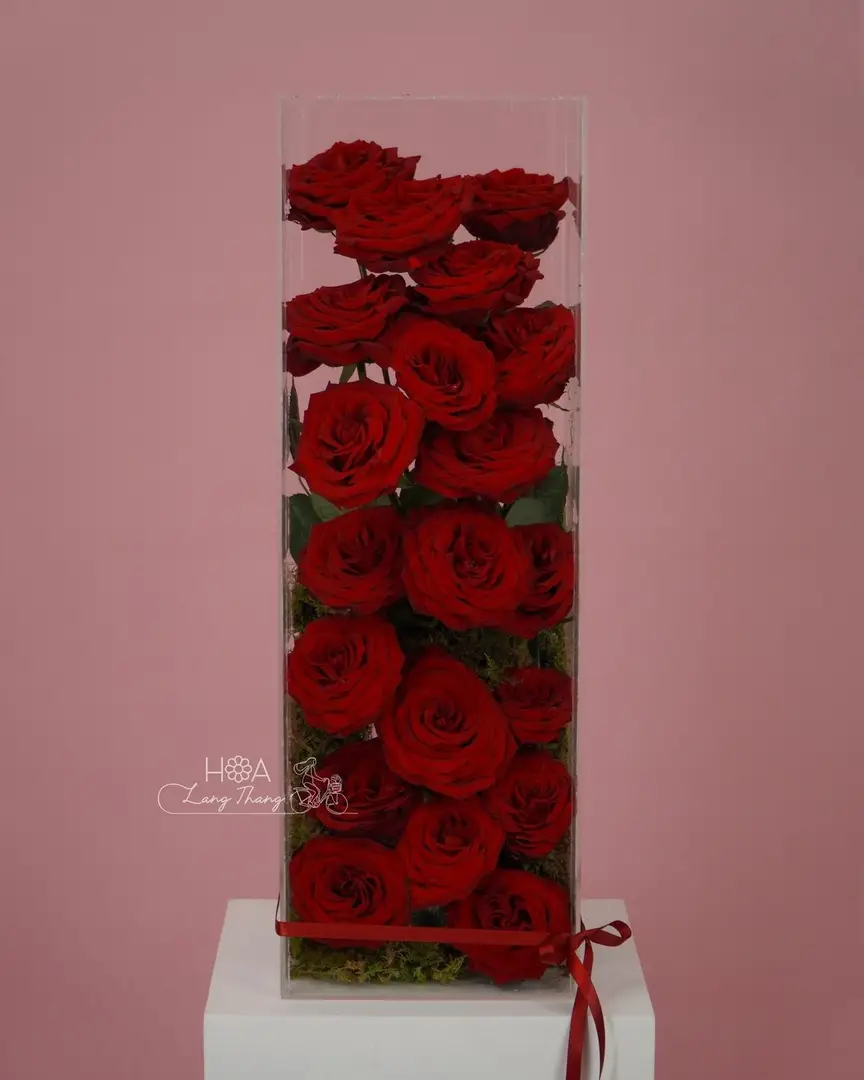 Hộp hoa hồng Red Naomi mica - Crimson Elegance — góc khác