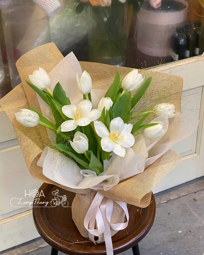 Bó hoa tulip Hà Lan trắng lưới vàng - Golden Whisper