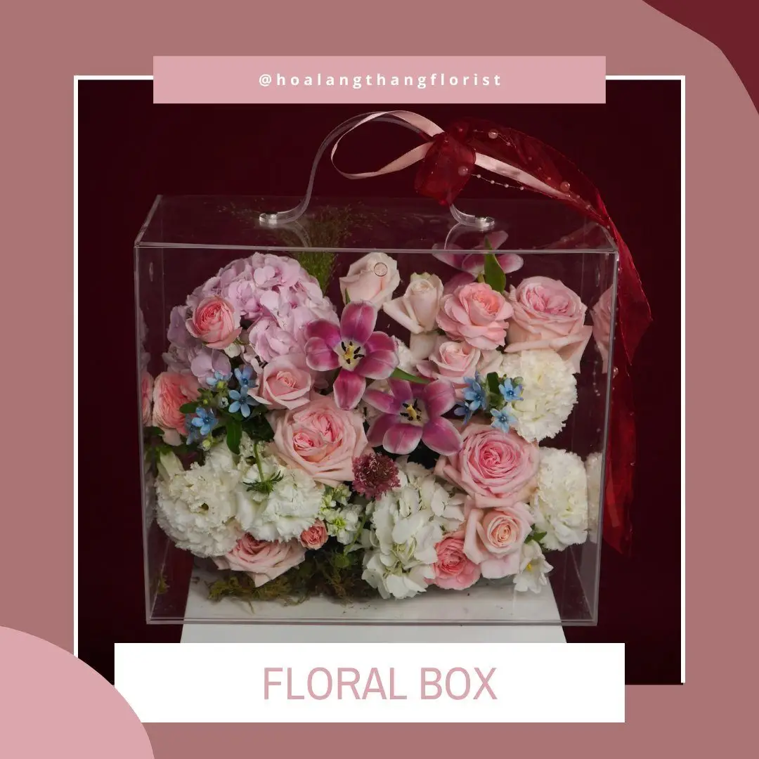 Hộp hoa hồng mix nhập khẩu mica - Crimson Elegance — góc khác