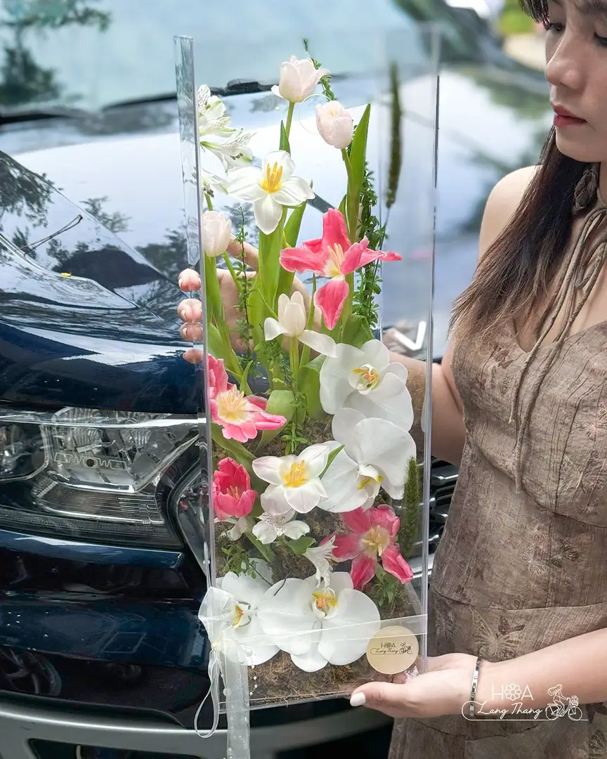 Hộp hoa tulip trắng mix lan mix hồng mica - Eternal Elegance
