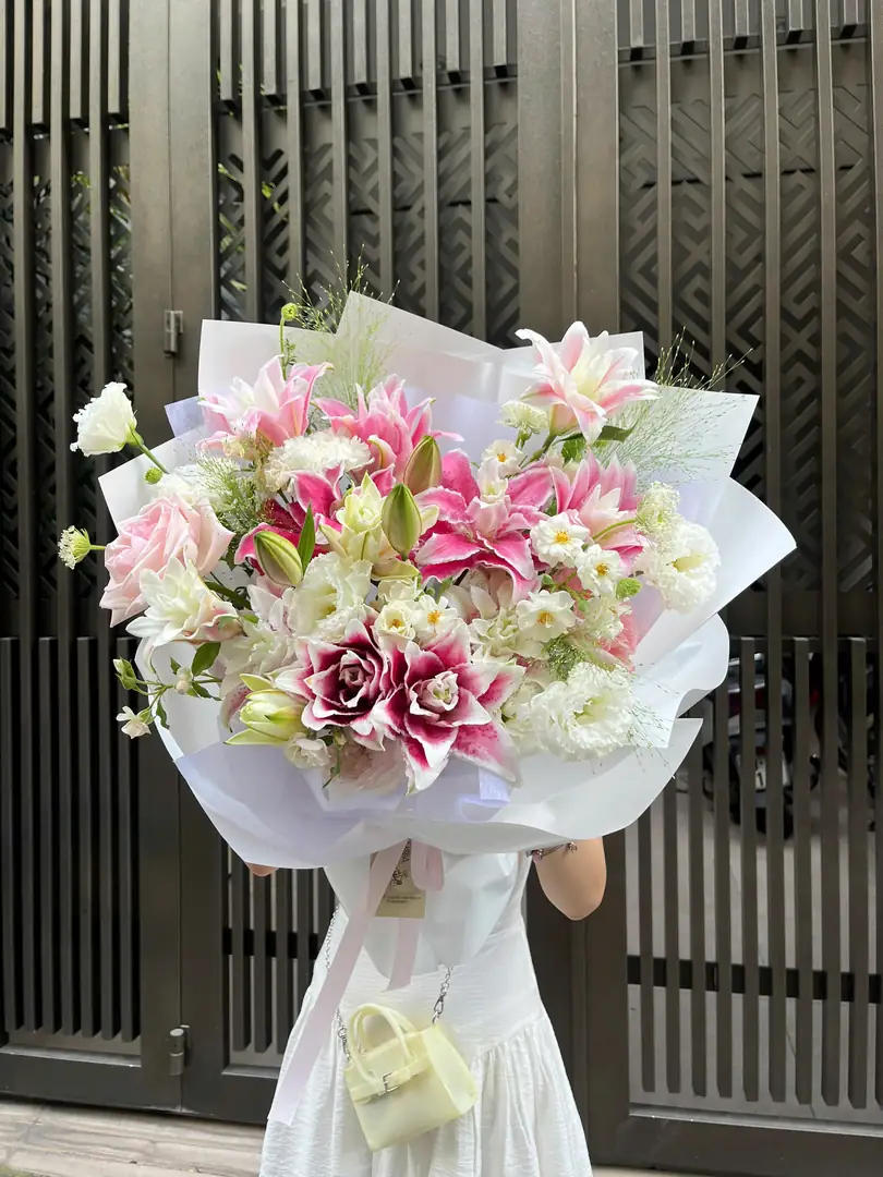 Bó ly hồng mix hồng pastel