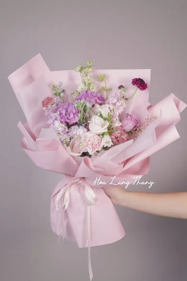 Bó hoa gồm hoa hồng trắng, hoa cẩm tú cầu, hoa baby, cắm kiểu trang trí tinh tế