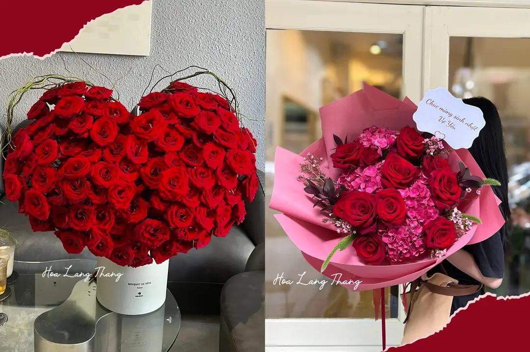 Hoa hồng đỏ cắm thành hình trái tim và bó hoa hồng cùng các loại hoa khác