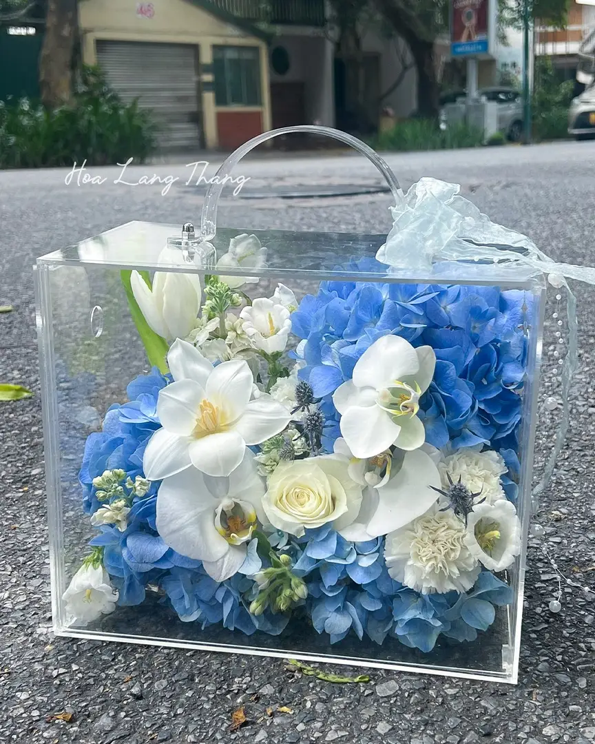 Bó hoa xinh với tulip trắng, hoa cẩm tú cầu xanh và nhiều loại hoa khác. Cắm trong hộp trong suốt