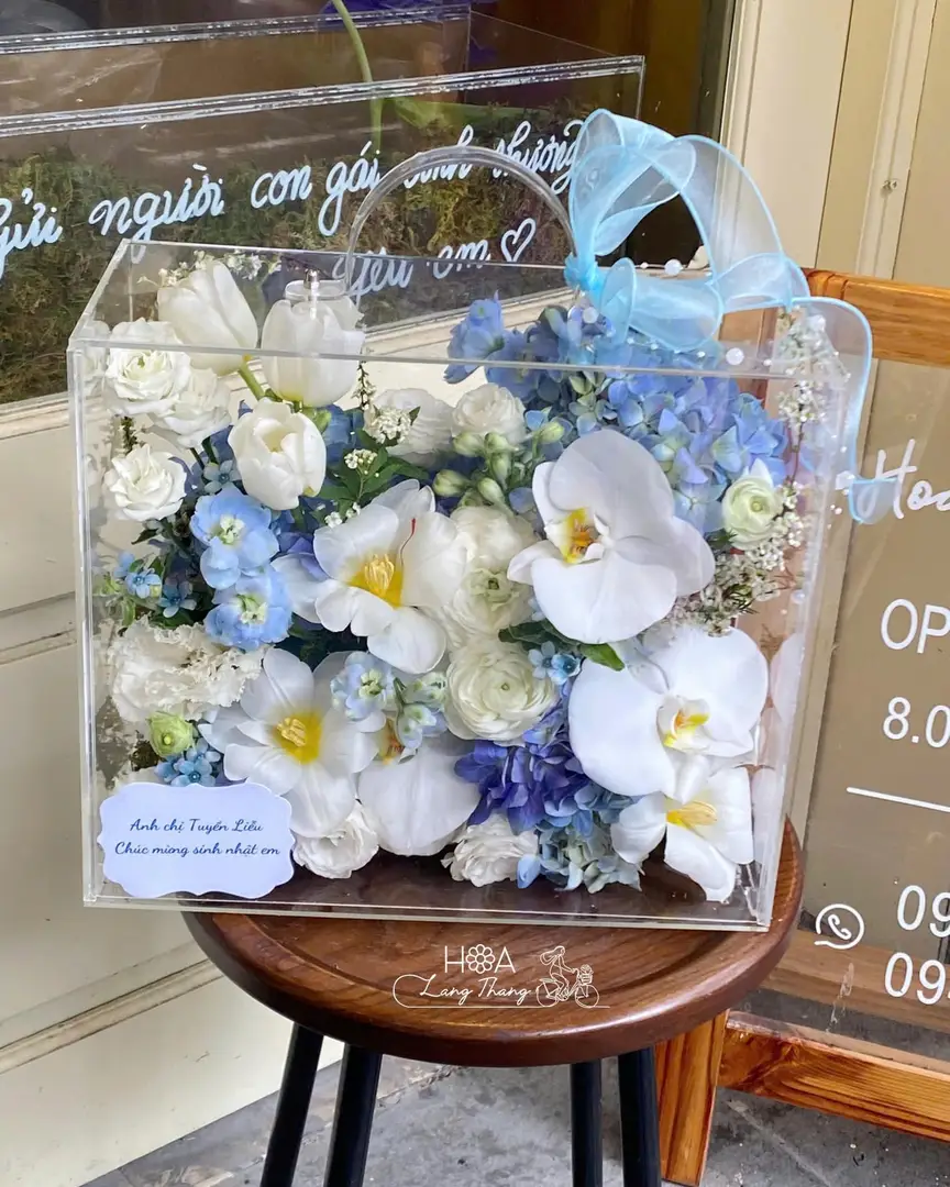 Hộp hoa gồm lan hồ điệp và các loại hoa trắng, xanh dịu nhẹ, kiểu cắm hộp đẹp