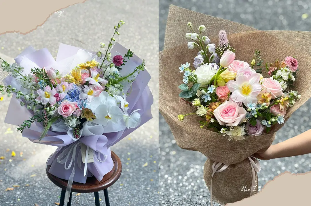 Hai bó hoa tươi mát, một bó màu pastel với hoa hồng, lan hồ điệp, một bó màu sắc rực rỡ với <a href=