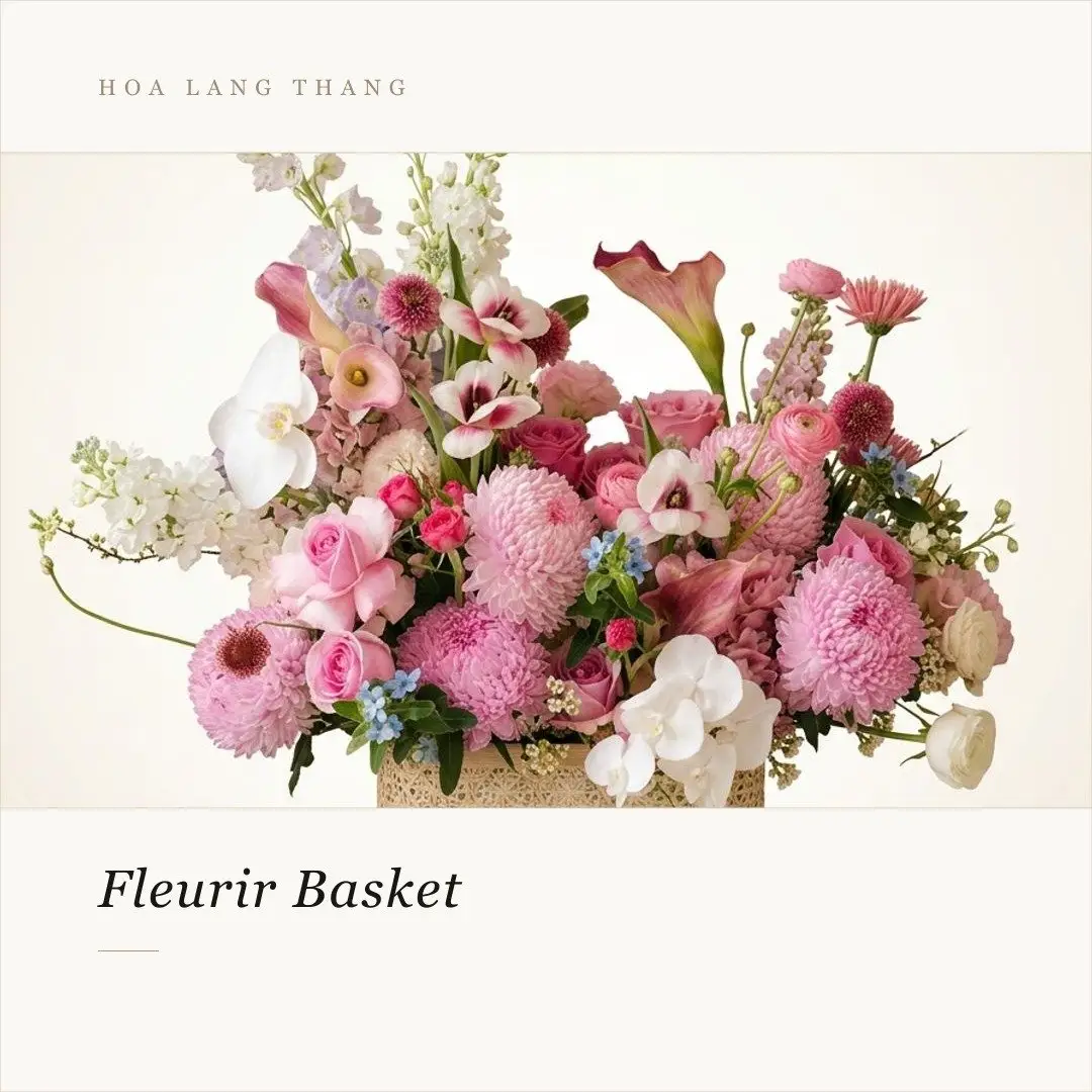 Giỏ hoa Fleurir Basket với hoa hồng, ly, và lan hồ điệp màu hồng